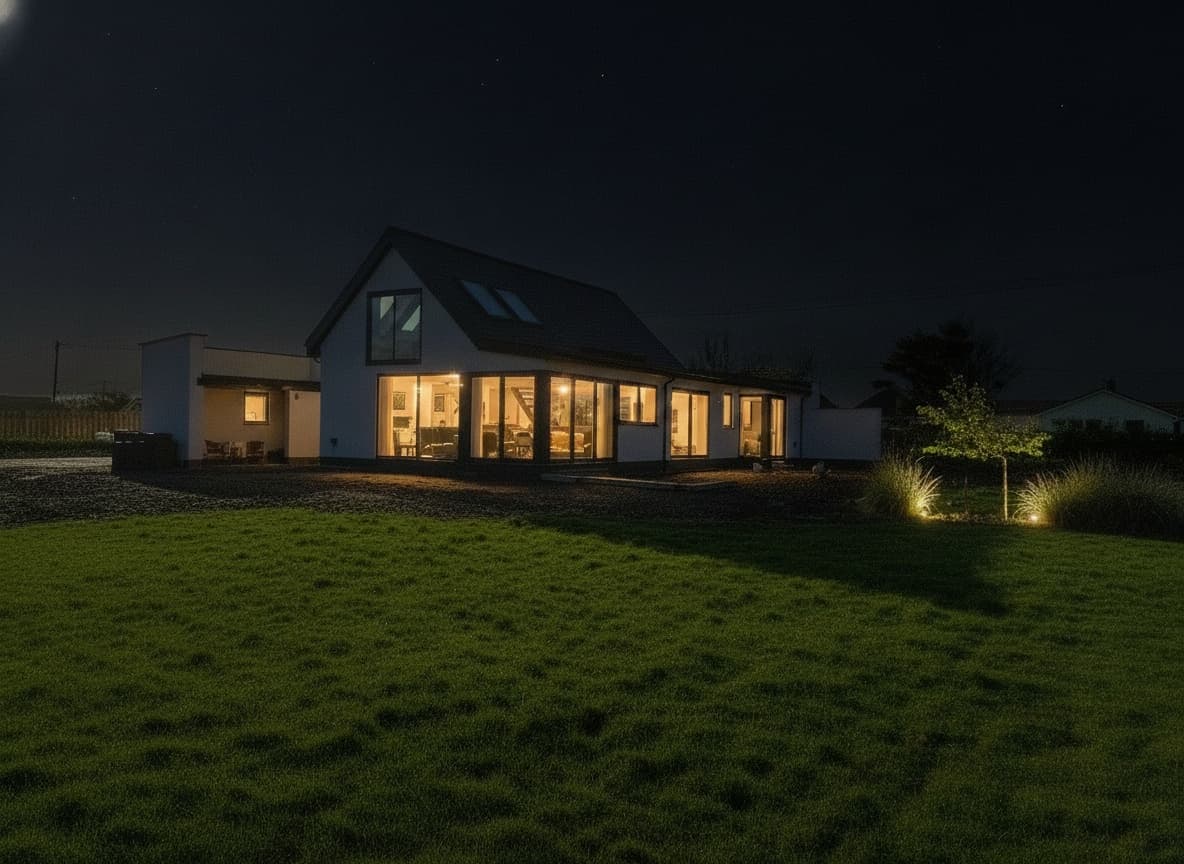 Night exterior of the completed home with warm interior light and finished lawn